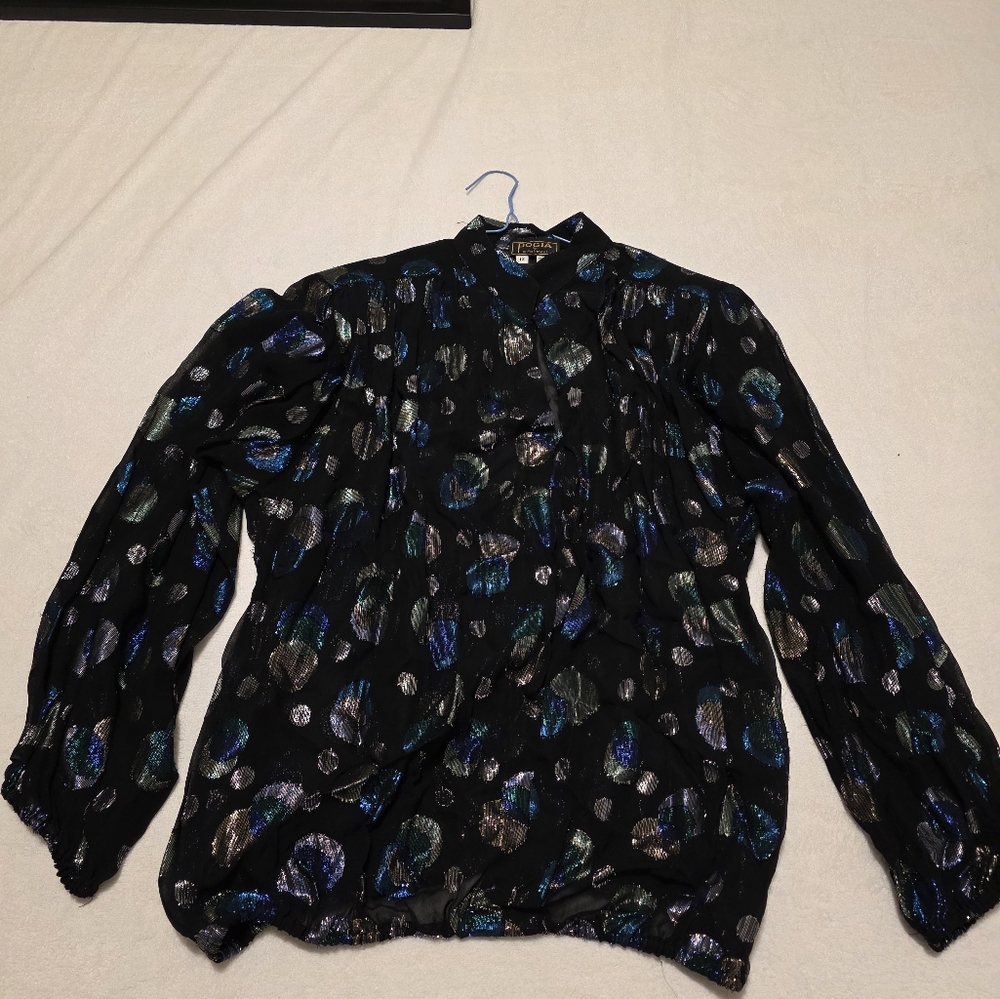 Poglia Black Blouse with Blue and Silver Accents